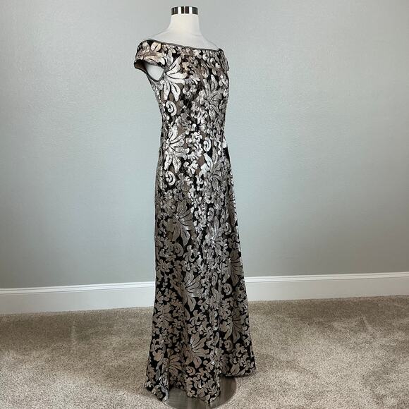 XSCAPE Sequined Off the Shoulder Evening Gown Black and Gold Size 6 Formal Dress - Picture 2 of 13